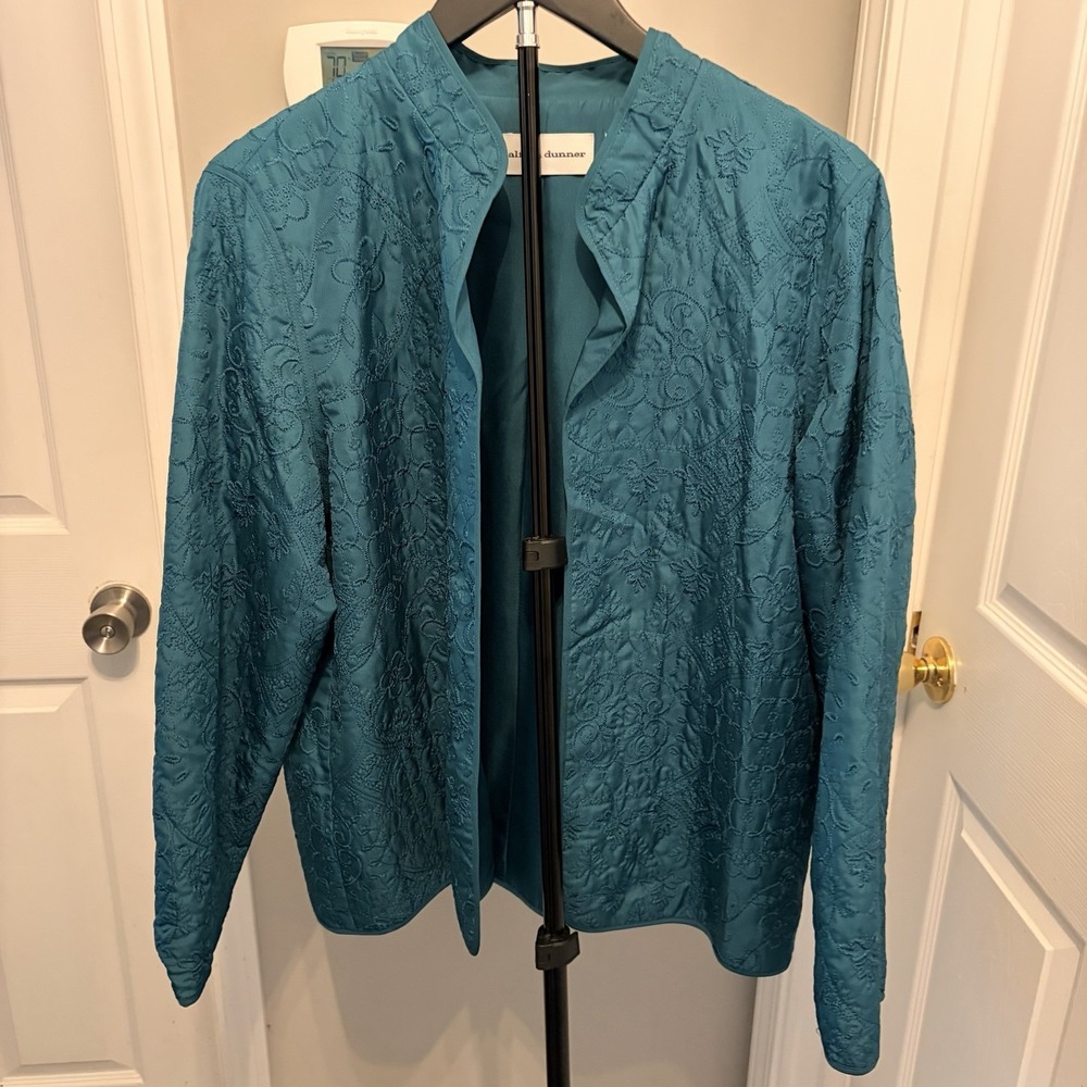 Alfred Dunner Teal Blue Quilted Open Front Jacket Embroidered 12 Boho Classic